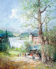 Lakeside Café by Willi Bauer, oil on canvas (unstretched), sold Jul 2022