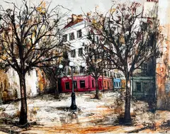 Untitled (Cityscape with Trees) by Manuel Monton Bunuel, oil on canvas (unstretched), sold Jul 2022