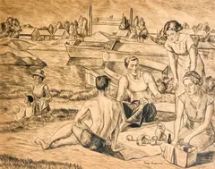 study for The Picnic by Simka Simkhovitch, charcoal, graphite on tan paper, sold Jul 2022