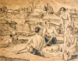 study for The Picnic by Simka Simkhovitch, charcoal, graphite on tan paper, sold Jul 2022