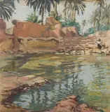 Maroc, femme et enfant dans la palmeraie by Henri Jean Pontoy, Gouache, sold Mar 2023