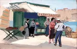 La vendeuse de coquillages, Marseille by Pierre Favre, Gouache sur papier, sold Oct 2009