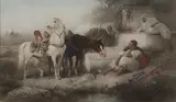 La halte by Adolf Schreyer, Estampe réhaussée de gouache, sold Mar 2012