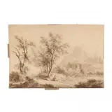 Hilly Landscape with Road, Figures, and a Cottage by Jan Wijnants, Ink and wash on laid paper, sold Feb 2023