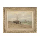Coastal Scene with Ships and Figures by Jesse Leach France, Oil on canvas, sold Feb 2023
