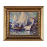 Sunlit Harbor Scene by Kate Noland, Oil on canvas panel, sold Feb 2023