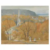 New England Village by C. K. Chatterton, Gouache and graphite on paper with whitening, sold Feb 2023
