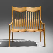Settee by Sam Maloof, 1989, fiddleback maple, ebony, sold Jan 2026