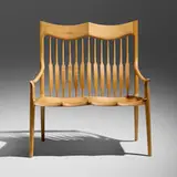 Settee by Sam Maloof, 1989, fiddleback maple, ebony, sold Jan 2026