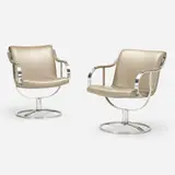 Lounge chairs, pair by Gardner Leaver, 1971, stainless steel, leather, sold Jul 2022