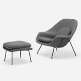 Womb chair and ottoman by Eero Saarinen, 1946 / 1960, enameled steel, upholstery, sold Jul 2022