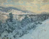 Untitled (Mountains in Winter) by Bruce Nelson, oil on canvas, sold Jul 2025