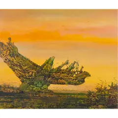 Untitled (Surreal Landscape) by Juvenal Sansó Garrit, oil on canvas affixed to board, sold Jul 2025