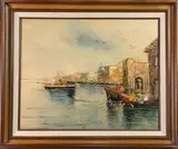 Untitled (Italian Harbors) by M. Leprini, oil on canvas, sold Jul 2025