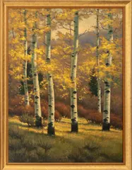 Autumn Birch Trees by Robert Harper, Oil on Board, sold Sep 2026