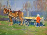 On the way to market' signed, Roy Miles Gallery label verso 24 x 32in by Konstantin Lomikin, oil on canvas, sold Dec 2019