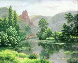 Bridge over the River' signed, 1974 Stacy Marks label verso 13.25 x 16.5in by René Charles Edmond His, oil on canvas, sold Dec 2019