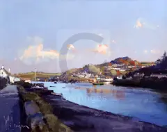 Noss Mayo from Newton Ferrers, Devon' signed, Mall Galleries label verso 15.5 x 19.5in by Peter Wileman, oil on board, sold Dec 2019