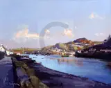 Noss Mayo from Newton Ferrers, Devon' signed, Mall Galleries label verso 15.5 x 19.5in by Peter Wileman, oil on board, sold Dec 2019