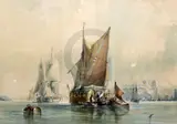 WatercolourHay barge and other shipping with Greenwich beyondsigned and by George Chambers, watercolour, sold Dec 2019