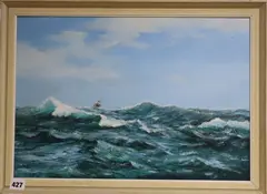 Ship on a rough sea by John Hewitt, oil on board, sold Dec 2019