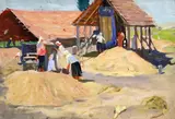 Harvest scene by V. Sporykhin, oil on canvas, sold Dec 2019