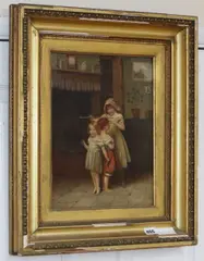 Children measuring their height by Arthur Acland Hunt, oil on panel, sold Nov 2019