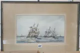 Frigates off the coast by Max Parsons, ink and watercolour, sold Nov 2019