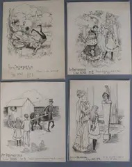 9 pen and ink illustrations for Professor Philanderpan and G.E by Alan Wright, ink, sold Nov 2019