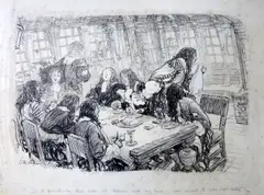 A pen and ink book illustration for the book Everybody's Pepys by Ernest Howard Shepard, ink, sold Nov 2019