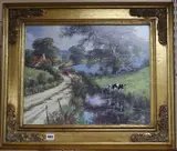 River landscape with cattle watering and distant farm by Ron Beaton, oil on board, sold Nov 2019