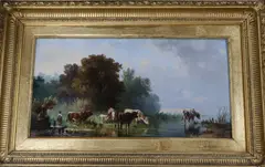 River landscape with cattle watering by Albert Jurardus van Prooijen, oil on panel, sold Nov 2019