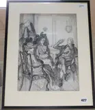 An original pen and ink illustration of 18th century figures in an by Edmund Joseph Sullivan, ink, sold Nov 2019