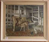 Cattle and chickens in a barn by Beryl Trist, oil on canvas, sold Nov 2019