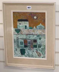 Buildings near Cape Cornwall, initialled and labelled verso dated 1968, 34 x 24cm by John Christopherson, 1968, oil on board, sold Nov 2019