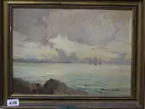 Fishing boats off the coast by Francois Guého, oil on panel, sold Nov 2019