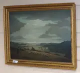 Shepherd and flock on the Downs, 40 x 59cm by Ralph Ellis, oil on canvas, sold Nov 2019