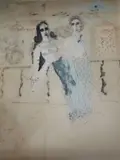 Topless women on a balcony by Maeve Gilmour, ink and watercolour on paper, sold Nov 2019