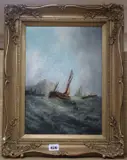 Fishing boats off the coast by George Knight, oil on canvas, sold Oct 2019