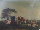Cattle and sheep in a meadow by Louise Johnson, 1868, oil on canvas, sold Oct 2019