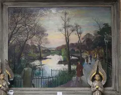 Figures beside a pond by Robert Dumont-Smith, oil on board, sold Oct 2019