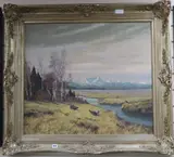 Grouse in an open landscape by Clemens Freitag, oil on canvas, sold Oct 2019