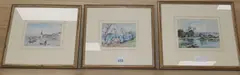 Fishing boats off the coast, Coastal cottage and Riverscape, all signed and inscribed, largest 12 x 17.5cm by Lamorna Birch, watercolor, sold Oct 2019
