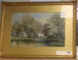 River landscape, 33 x 50cm and a Jo Stewart pastel of Monet's Garden, 24 x 61cm by Henry Longley Lander, watercolour, sold Oct 2019