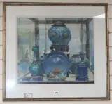 Still life of Chinese ceramics in a display case by D. Freeman, watercolour, offered Oct 2019