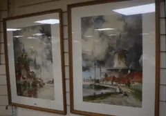 Dutch canal scenes by Louis Van Staaten, watercolor, sold Oct 2019