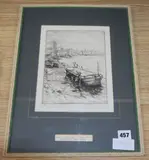Repairing a barge at Bermondsey by James McBey, etching, sold Oct 2019