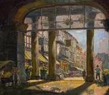 A view of Town Through Columns by Jack Cross, oil on panel, sold Jan 2021
