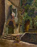 British, continental street scene with figures by a blossoming tree by Jack Cross, oil on board, offered Jan 2021