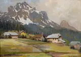 British, An Alpine scene with buildings in the foreground by Gladys Denman, oil on panel, sold Jan 2021